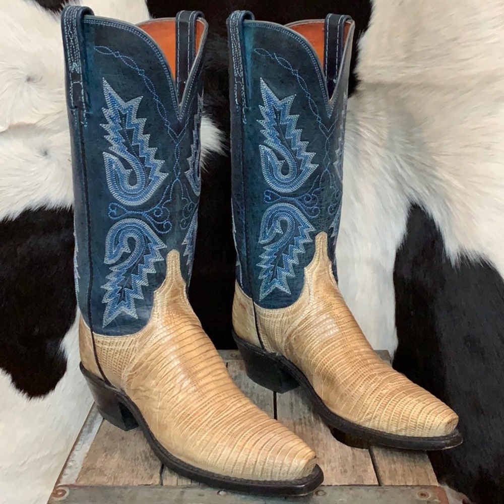 LUCCHESE Lizard Exotic Blue Cowboy Western Boots